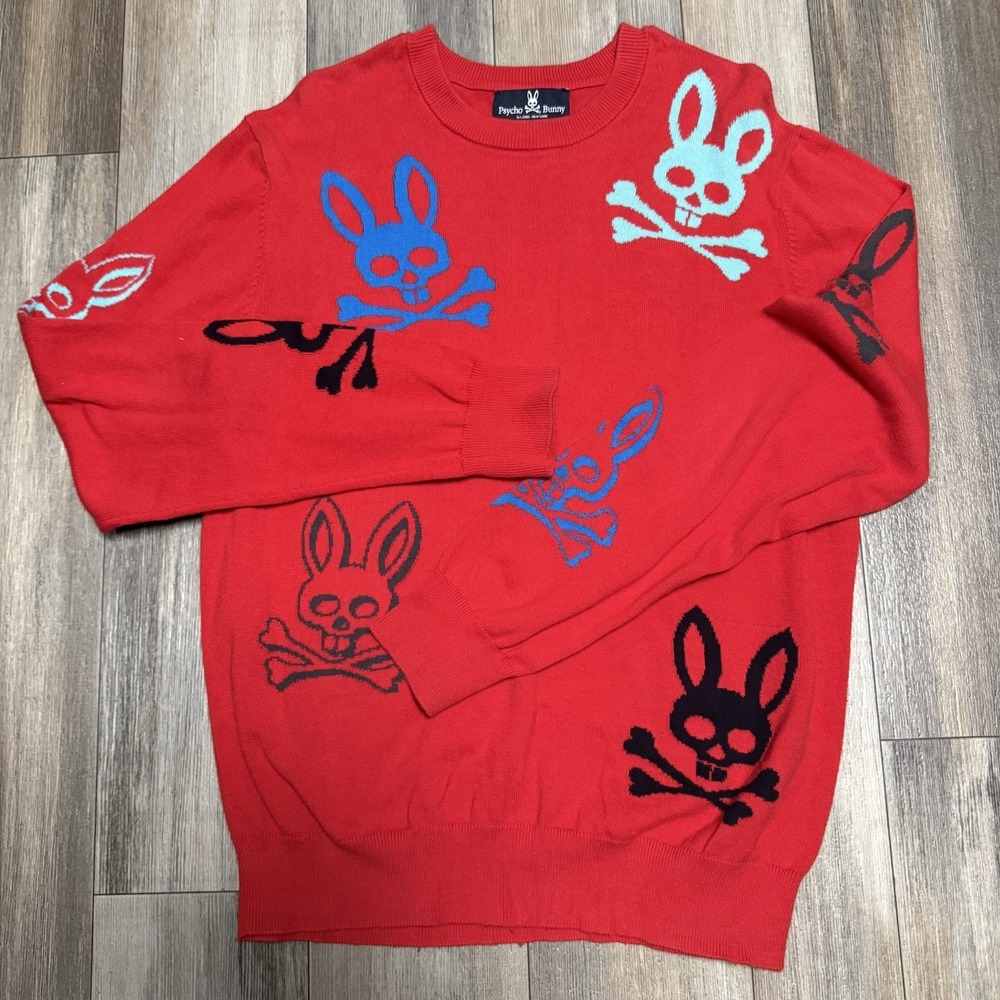 Psycho Bunny Men's Red Crew Neck Knit Pullover Sweater AOP Skull Graphic Sz M